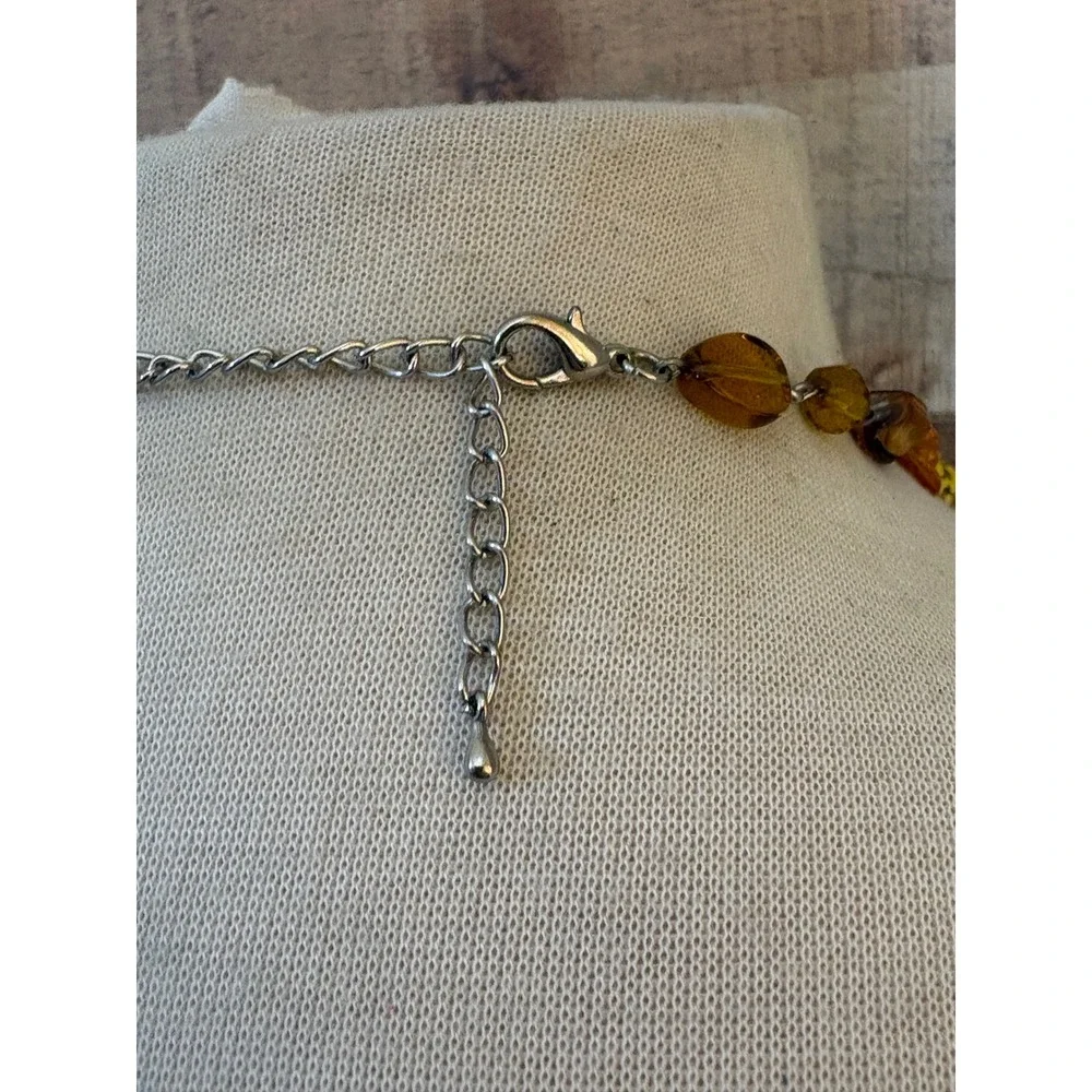 Long Amber Yellow Multi Shape Bead Station Necklace Silver Tone Adjustable